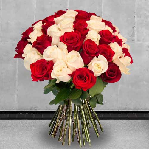 50 White And Red Rose Bouquet