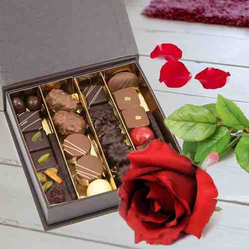 Chocolate Box And Single Rose-Valentines Day Flower Gifts France