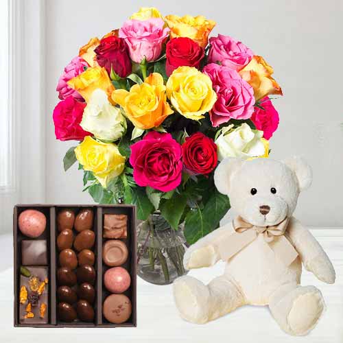Mixed Rose With Teddy And Chocolates-Birthday Gifts For Daughter