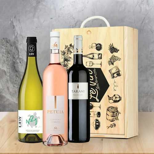 Wooden Wine Gift Box With Red, White & Rosé French Wine Trio | Premium Trio Wine Gift Box 