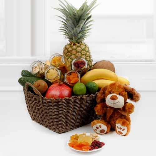 Exotic Fruit Basket With Puppy-Graduation Gift For Daughter From Dad