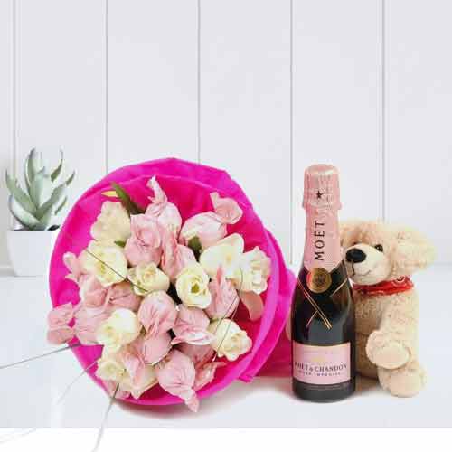 Mini Champagne Puppy And Bouquet-Spouse Birthday Gift Ideas