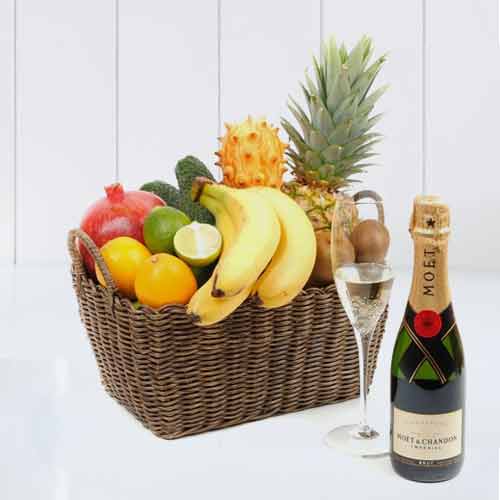 Lust With Exotic Fruits And Moet-Fruit Basket For Anniversary