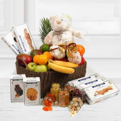 Teddy And Fruits And Biscuit-Birthday Gift From Daughter To Dad