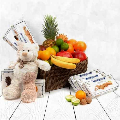 Teddy With Fruits And Biscuits-Gifts To Send To Sick Friend