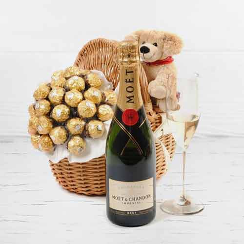 Champagne Ferrero Basket With Teddy-Gift Ideas For Long Distance Girlfriend