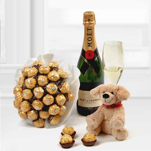 Make Friendship with Moet and Ferrero -Birthday Chocolate Moet And Teddy Hamper