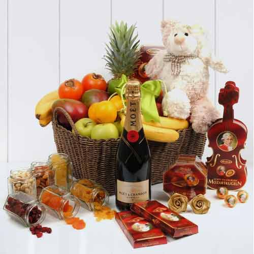 Champagne Basket With Fruits  And Chocolates-Christmas Gift Baskets For Families