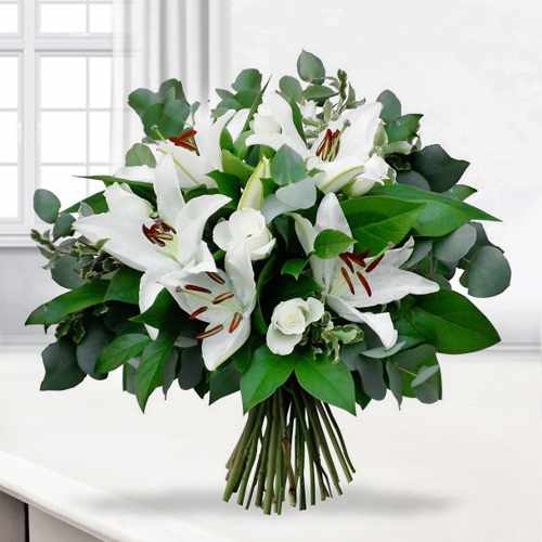 Perfect White-White Rose And Lily Bouquet Send To France